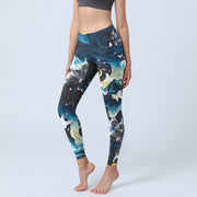 Buddha Stones Blue Butterfly Water Waves Moon Print Gym Leggings Women's Yoga Pants