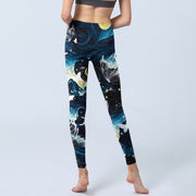 Buddha Stones Blue Butterfly Water Waves Moon Print Gym Leggings Women's Yoga Pants