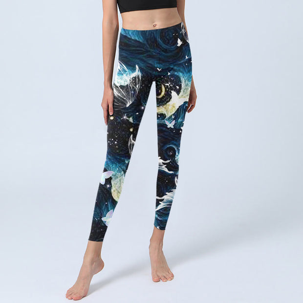 Buddha Stones Blue Butterfly Water Waves Moon Print Gym Leggings Women's Yoga Pants - image 6