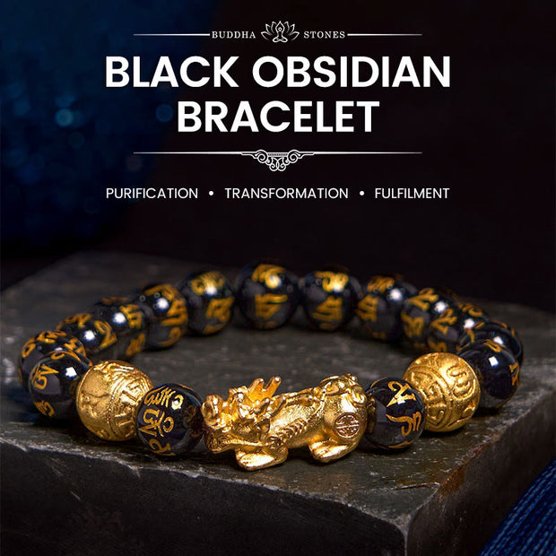 Buddha Stones FengShui PiXiu Obsidian Wealth Bracelet