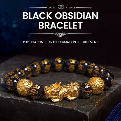 Buddha Stones FengShui PiXiu Obsidian Wealth Bracelet