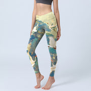 Buddha Stones Blue Red-crowned Crane Pine Tree Print Gym Leggings Women's Yoga Pants - LightBlue - US18，UK/AU22，EU50 (4XL) - image 1