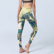 Buddha Stones Blue Red-crowned Crane Pine Tree Print Gym Leggings Women's Yoga Pants - image 5