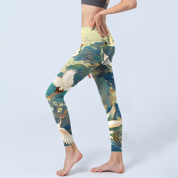 Buddha Stones Blue Red-crowned Crane Pine Tree Print Gym Leggings Women's Yoga Pants