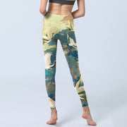 Buddha Stones Blue Red-crowned Crane Pine Tree Print Gym Leggings Women's Yoga Pants