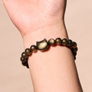 Buddha Stones Gold Sheen Obsidian Silver Sheen Obsidian Lovely Paw Lucky Cat Protection Bracelet