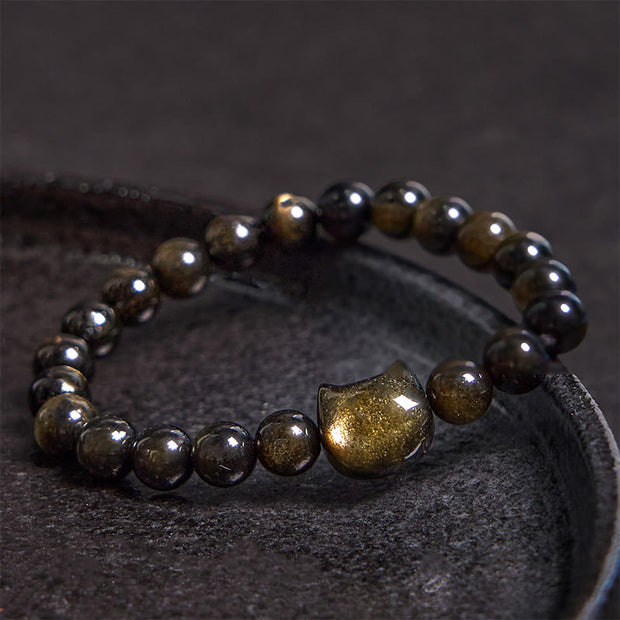 Buddha Stones Gold Sheen Obsidian Silver Sheen Obsidian Lovely Paw Lucky Cat Protection Bracelet