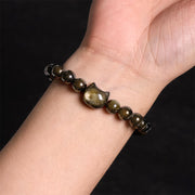 Buddha Stones Gold Sheen Obsidian Silver Sheen Obsidian Lovely Paw Lucky Cat Protection Bracelet