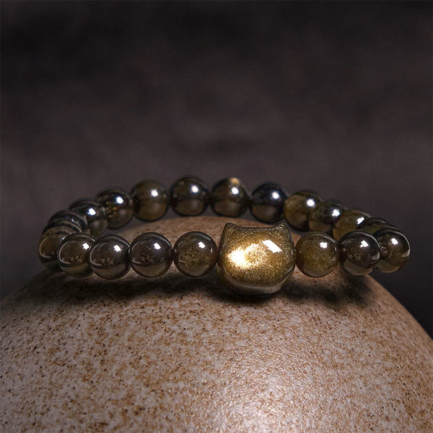 Buddha Stones Gold Sheen Obsidian Silver Sheen Obsidian Lovely Paw Lucky Cat Protection Bracelet