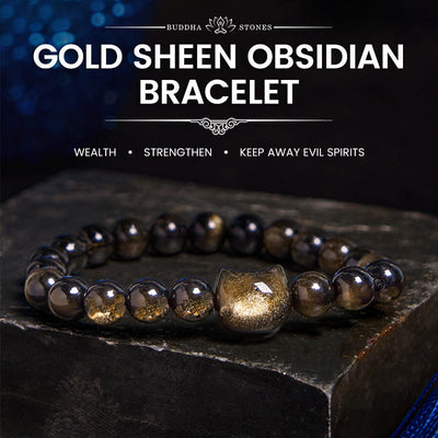 Buddha Stones Gold Sheen Obsidian Silver Sheen Obsidian Lovely Paw Lucky Cat Protection Bracelet