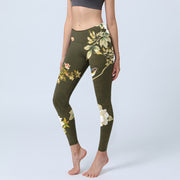 Buddha Stones Black Magnolia Flowers Print Gym Leggings Women's Yoga Pants