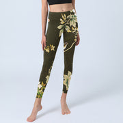 Buddha Stones Black Magnolia Flowers Print Gym Leggings Women's Yoga Pants