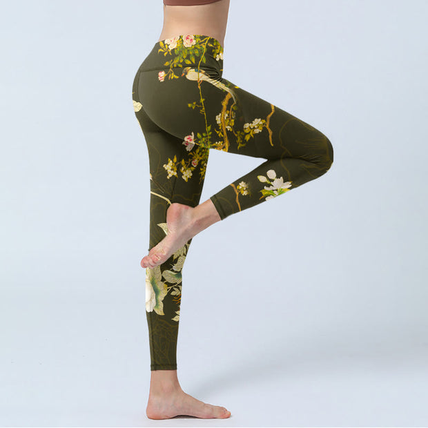 Buddha Stones Black Magnolia Flowers Print Gym Leggings Women's Yoga Pants - image 4