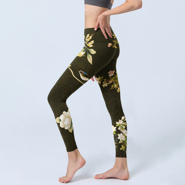 Buddha Stones Black Magnolia Flowers Print Gym Leggings Women's Yoga Pants - image 3
