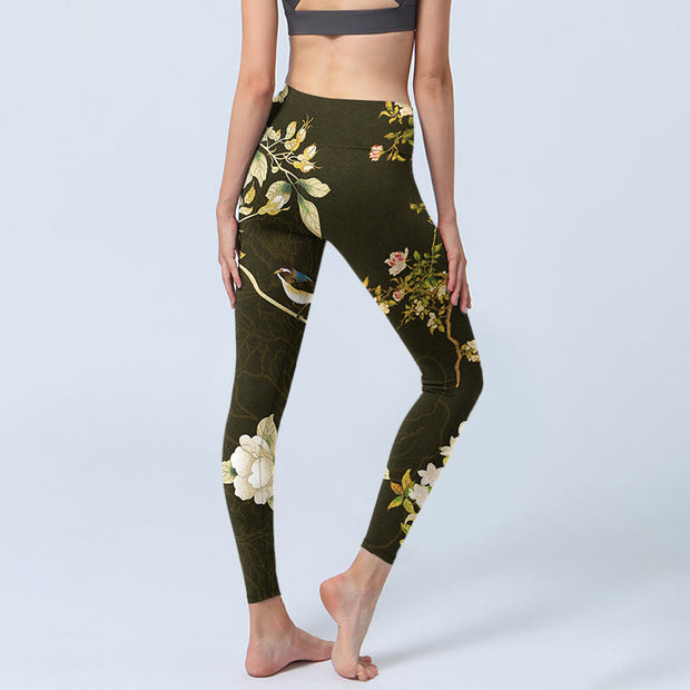 Buddha Stones Black Magnolia Flowers Print Gym Leggings Women's Yoga Pants