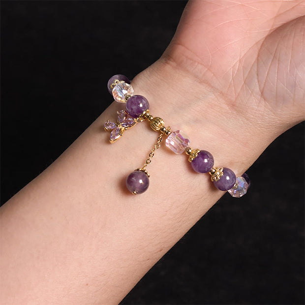 Buddha Stones Natural Amethyst Crystal Spiritual Butterfly Charm Bracelet