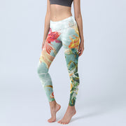 Buddha Stones Green Koi Fish White Lotus Water Ripples Print Gym Leggings Women's Yoga Pants - Honeydew - US18，UK/AU22，EU50 (4XL) - image 1