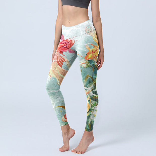Buddha Stones Green Koi Fish White Lotus Water Ripples Print Gym Leggings Women's Yoga Pants - Honeydew - US18，UK/AU22，EU50 (4XL) - image 1