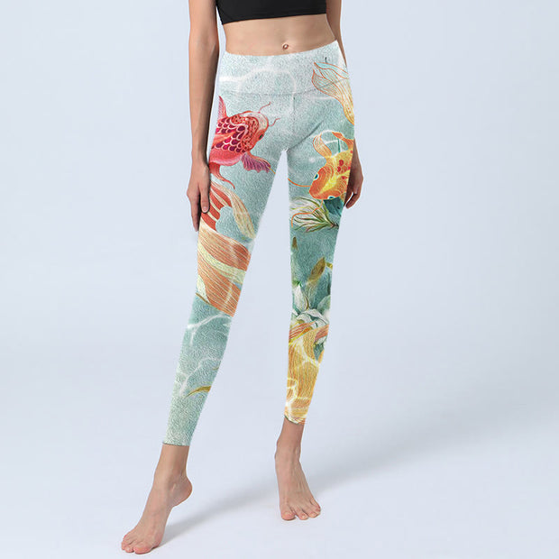 Buddha Stones Green Koi Fish White Lotus Water Ripples Print Gym Leggings Women's Yoga Pants - image 6