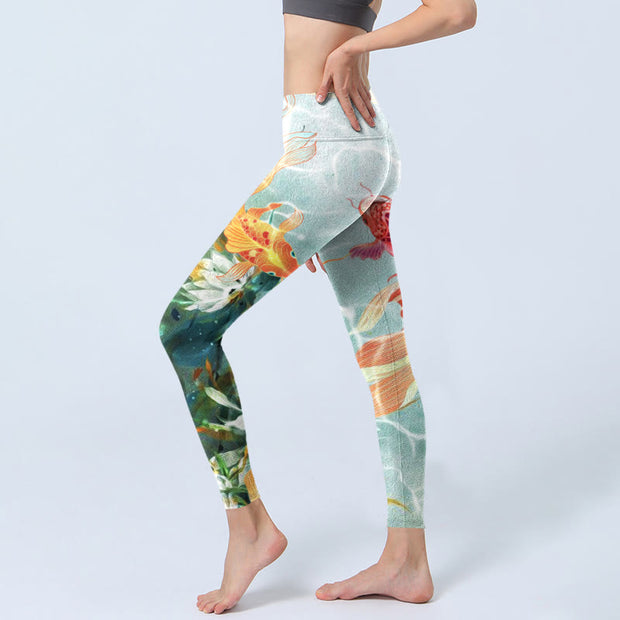 Buddha Stones Green Koi Fish White Lotus Water Ripples Print Gym Leggings Women's Yoga Pants - image 3