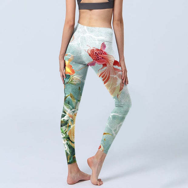 Buddha Stones Green Koi Fish White Lotus Water Ripples Print Gym Leggings Women's Yoga Pants