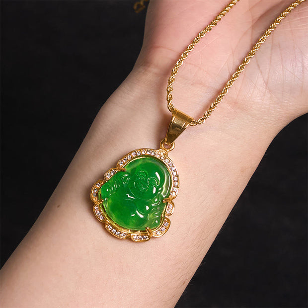 Buddha Stones 18K Gold Filled Laughing Buddha Jade Luck Necklace Chain Pendant