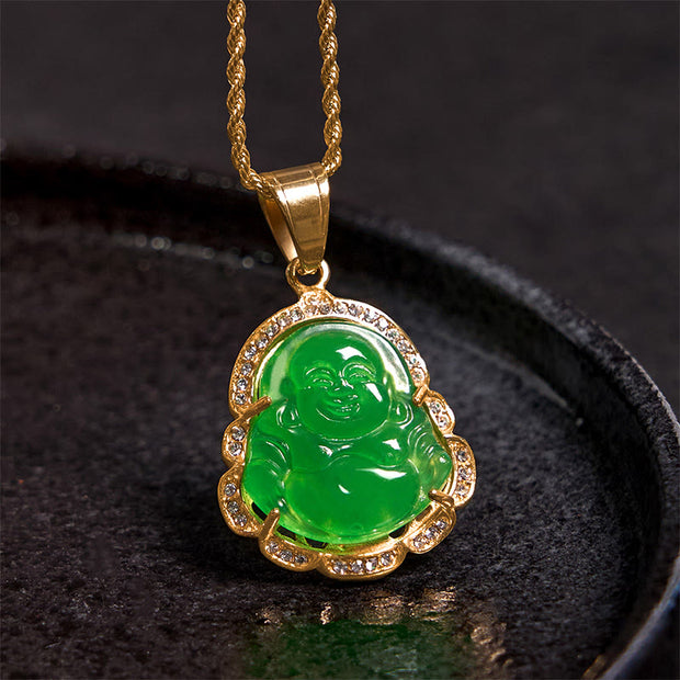 Buddha Stones 18K Gold Filled Laughing Buddha Jade Luck Necklace Chain Pendant