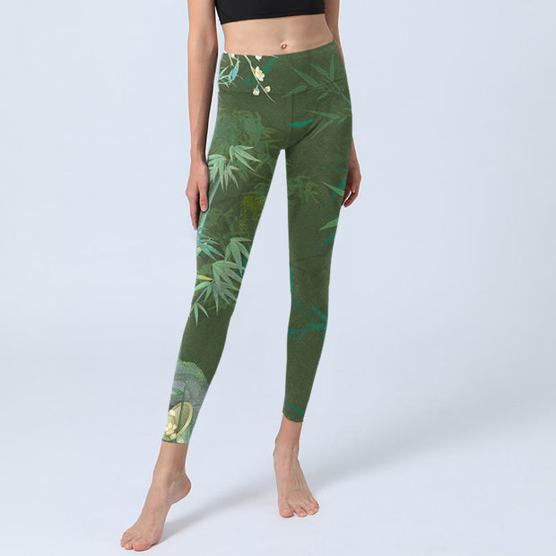 Buddha Stones Green Bamboo Rock Flower Print Gym Leggings Women's Yoga Pants