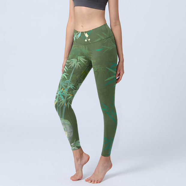 Buddha Stones Green Bamboo Rock Flower Print Gym Leggings Women's Yoga Pants - SeaGreen - US18，UK/AU22，EU50 (4XL) - image 1