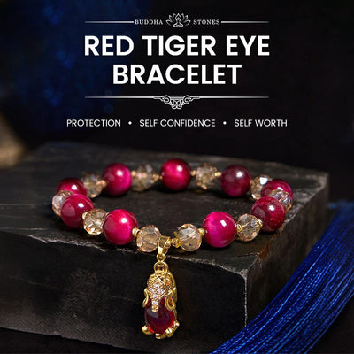 Buddha Stones Red Tiger Eye PiXiu Fox Protection Self Confidence Bracelet