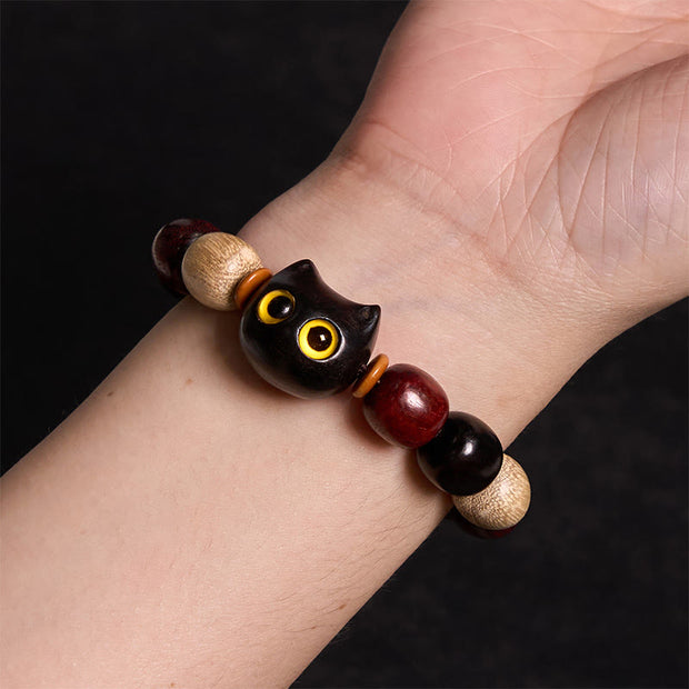 Buddha Stones Small Leaf Red Sandalwood Ebony Wood Cute Cat Engraved Protection Bracelet