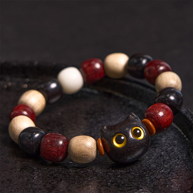 Buddha Stones Small Leaf Red Sandalwood Ebony Wood Cute Cat Engraved Protection Bracelet