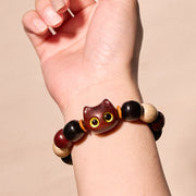 Buddha Stones Small Leaf Red Sandalwood Ebony Wood Cute Cat Engraved Protection Bracelet