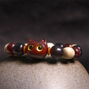 Buddha Stones Small Leaf Red Sandalwood Ebony Wood Cute Cat Engraved Protection Bracelet