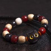 Buddha Stones Small Leaf Red Sandalwood Ebony Wood Cute Cat Engraved Protection Bracelet