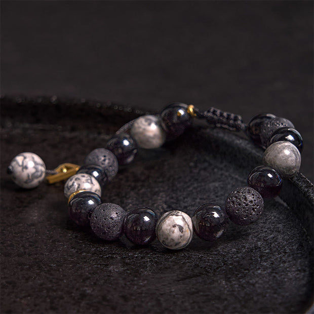 Buddha Stones Black Obsidian Lava Rock Stone Yin Yang Strength Bracelet