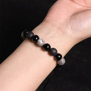 Buddha Stones Black Obsidian Lava Rock Stone Yin Yang Strength Bracelet