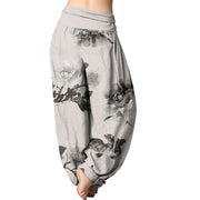 Buddha Stones Folwers With Leaves Pattern Women's Elastic Waist Harem Pants