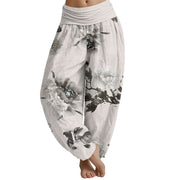 Buddha Stones Folwers With Leaves Pattern Women's Elastic Waist Harem Pants