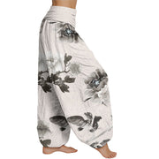 Buddha Stones Folwers With Leaves Pattern Women's Elastic Waist Harem Pants