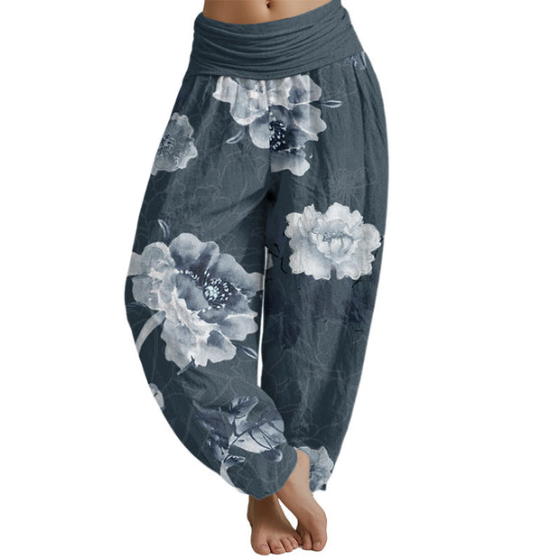 Buddha Stones Folwers With Leaves Pattern Women's Elastic Waist Harem Pants