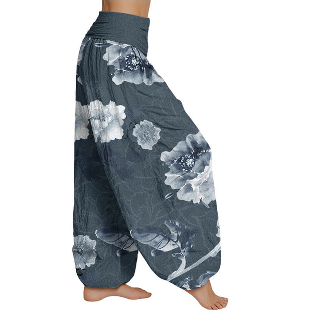 Buddha Stones Folwers With Leaves Pattern Women's Elastic Waist Harem Pants