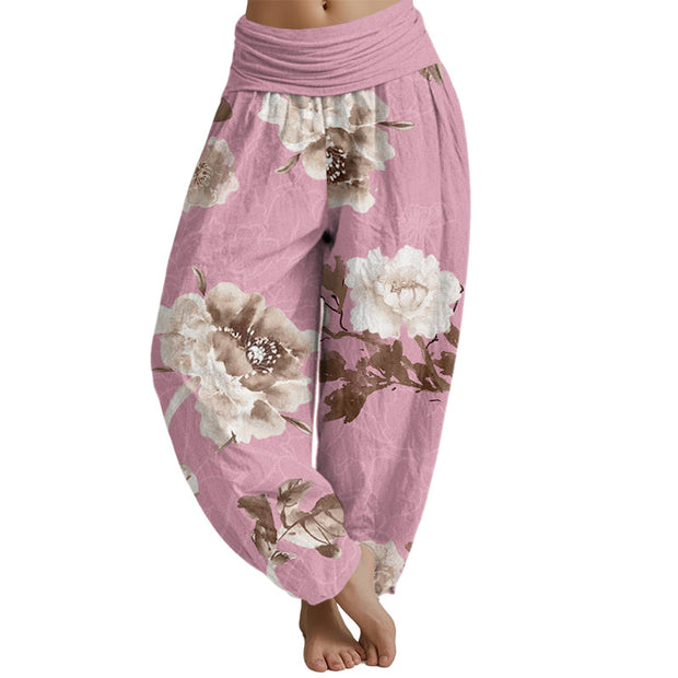 Buddha Stones Folwers With Leaves Pattern Women's Elastic Waist Harem Pants