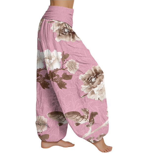 Buddha Stones Folwers With Leaves Pattern Women's Elastic Waist Harem Pants