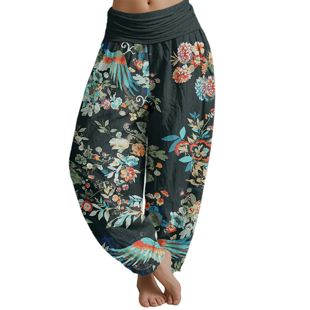 Buddha Stones Colorful Flowers Birds Leaves Pattern Women's Elastic Waist Harem Pants