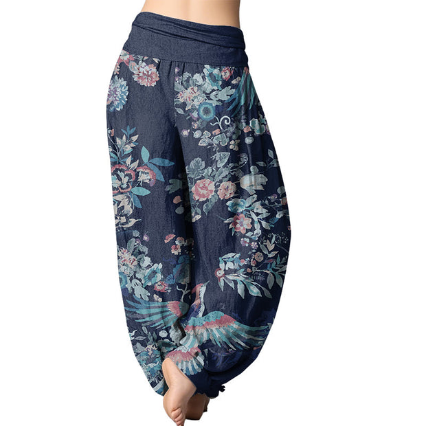 Buddha Stones Colorful Flowers Birds Leaves Pattern Women's Elastic Waist Harem Pants