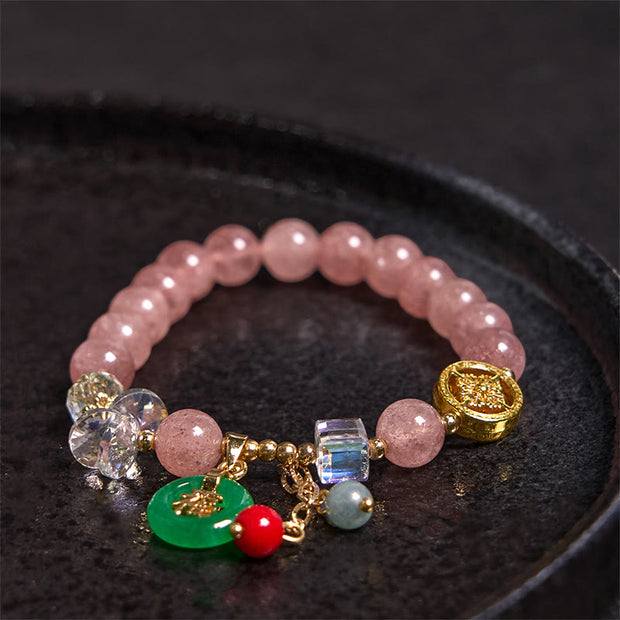 Buddha Stones Strawberry Quartz Jade Fu Character Charm Healing Bracelet