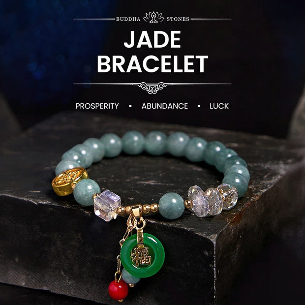 Buddha Stones Strawberry Quartz Jade Fu Character Charm Healing Bracelet