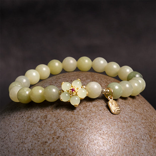 Buddha Stones Green Jade Flower Fu Character Charm Luck Bracelet