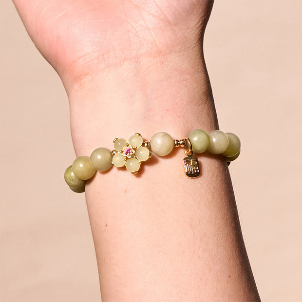 Buddha Stones Green Jade Flower Fu Character Charm Luck Bracelet